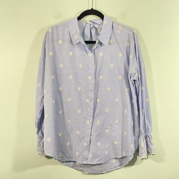 Sanctuary Blue Striped All Over Eyelet Flowers Oversized Button Up Blouse Size S - Picture 1 of 8